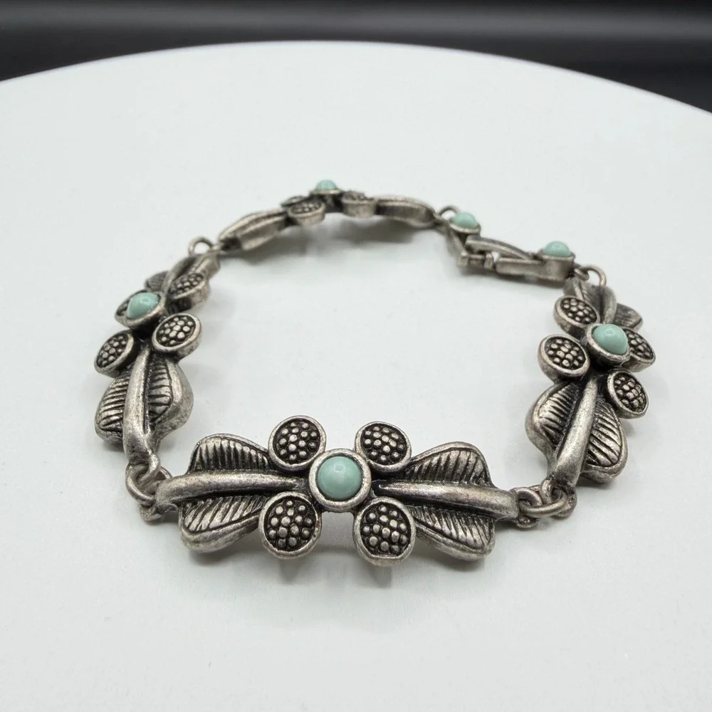 Silver Tone Floral Link Bracelet Aqua Cabochon Boho Cottagecore Statement Gift